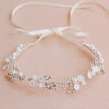 Silver Plated Metal Wedding Headband with Flower Rhinestone Pearls
