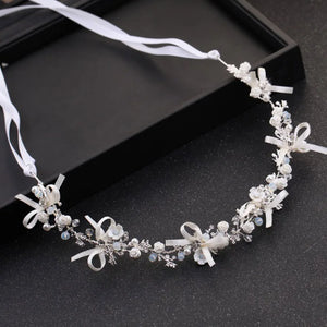 Silver Plated Metal Wedding Headband with Flower Rhinestone Pearls