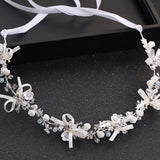Silver Plated Metal Wedding Headband with Flower Rhinestone Pearls