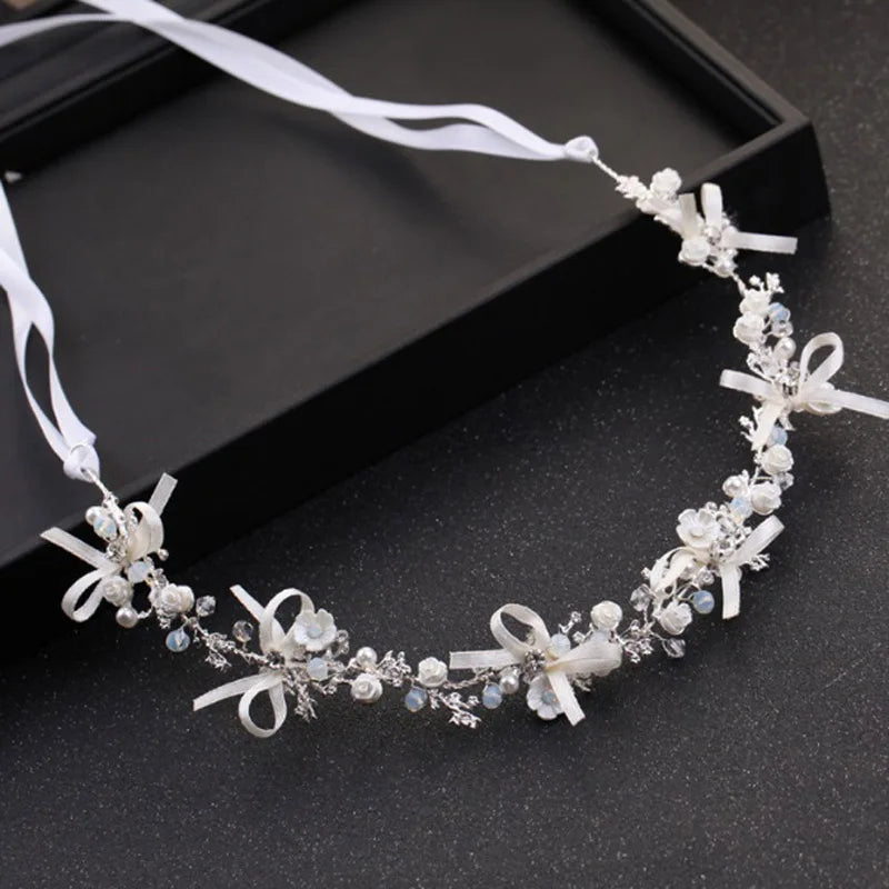 Silver Plated Metal Wedding Headband with Flower Rhinestone Pearls