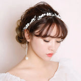 Silver Plated Metal Wedding Headband with Flower Rhinestone Pearls