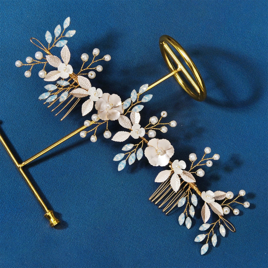 Metal Flower Hairband for Bride Rhinestone Pearl Head Jewelry