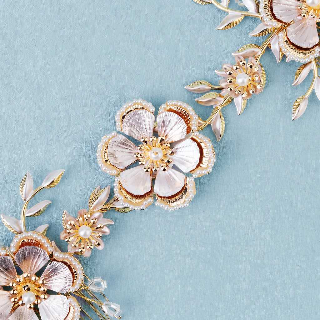 Metal Flower Hairband for Bride Rhinestone Pearl Head Jewelry