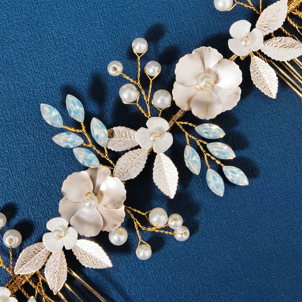 Metal Flower Hairband for Bride Rhinestone Pearl Head Jewelry