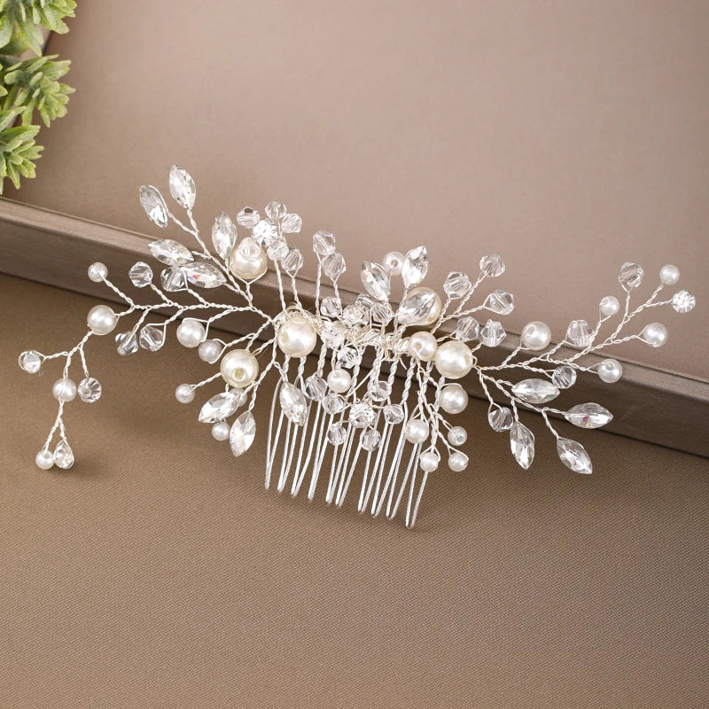 Bridal Wedding Hair Combs Silver Rhinestones Pearls