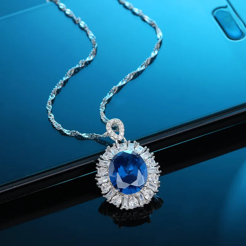 High-end Diamond Necklace Aquamarine S925 Sterling Silver Pendant