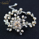 Freshwater Pearl Rhinestone Bridal Bracelet Floral Charm Cuff
