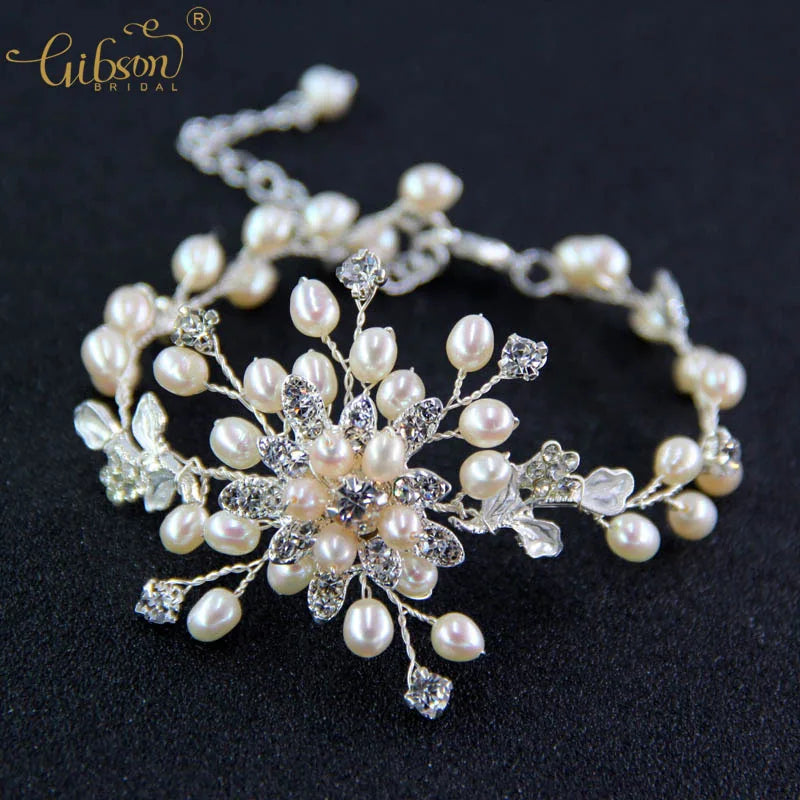 Freshwater Pearl Rhinestone Bridal Bracelet Floral Charm Cuff