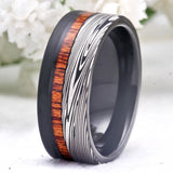 Damascus Steel Wood Inlay Tungsten Ring for Men's Wedding