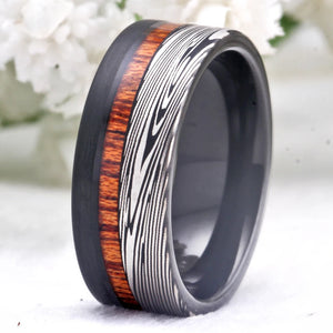 Damascus Steel Wood Inlay Tungsten Ring for Men's Wedding