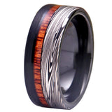 Damascus Steel Wood Inlay Tungsten Ring for Men's Wedding