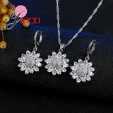 Sunflower Earrings Necklace Set Snowflake CZ Crystal Silver Jewelry