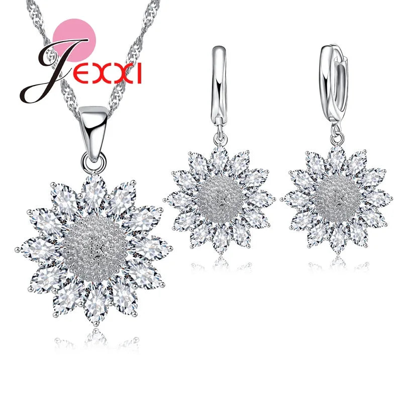 Sunflower Earrings Necklace Set Snowflake CZ Crystal Silver Jewelry