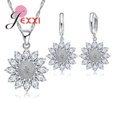 Sunflower Earrings Necklace Set Snowflake CZ Crystal Silver Jewelry
