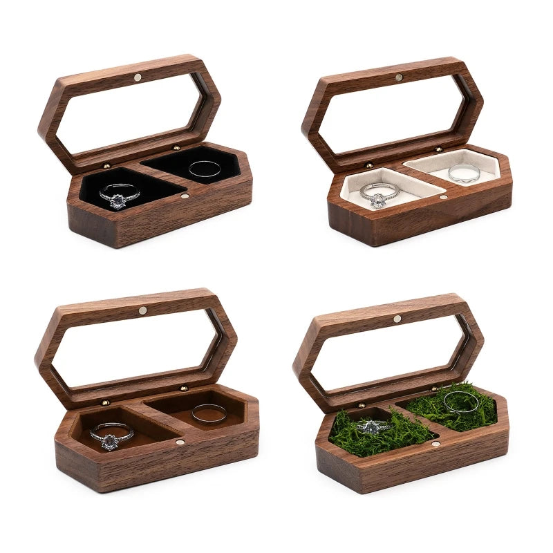Octagon-shaped Wood Ring Box Velvet Inner Bag Wooden Proposal Gift