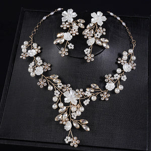 Rhinestone Pearl Wedding Jewelry Set with Dangle Earrings