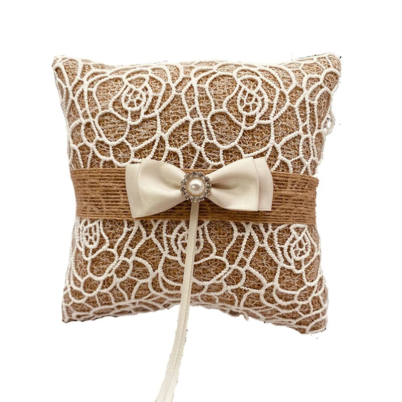 Vintage Rustic Wedding Ring Pillow Lace Bow Flower Bridal Ring Holder 5.9 Inch