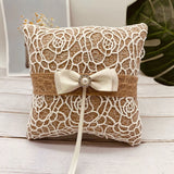 Vintage Rustic Wedding Ring Pillow Lace Bow Flower Bridal Ring Holder 5.9 Inch