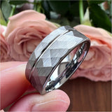 Tungsten Wedding Rings for Men Women Hammered Offset Line Brushed