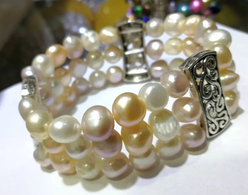 Pink Purple Mixed Pearl 3 Rows Bracelet Baroque Wedding Jewelry