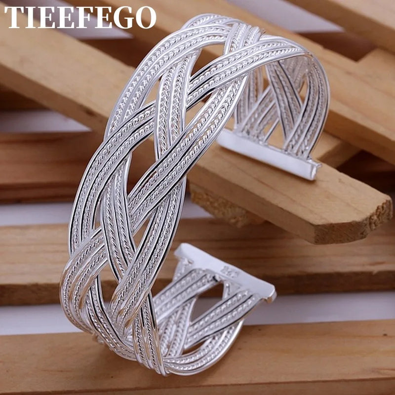 925 Sterling Silver Open Bangle Retro Trumpets Braided Bracelet