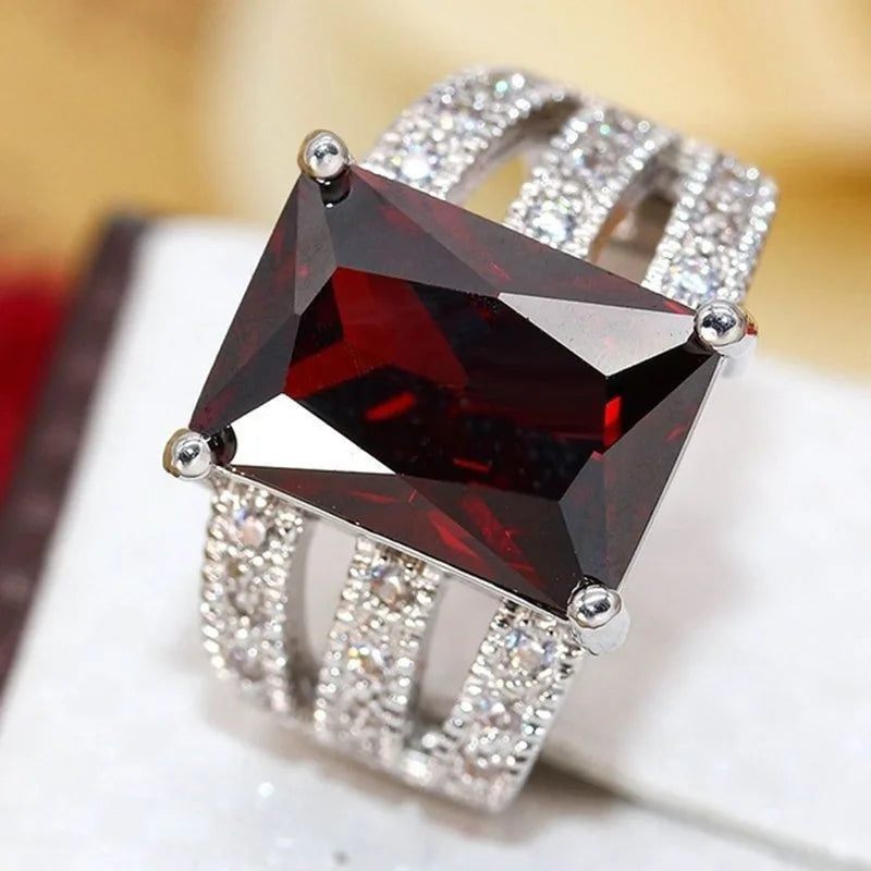 Big Red Zircon Silver Ring for Women Multicolor Birthstone