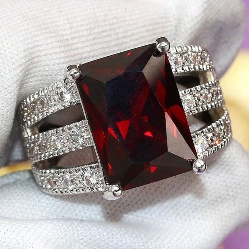 Big Red Zircon Silver Ring for Women Multicolor Birthstone
