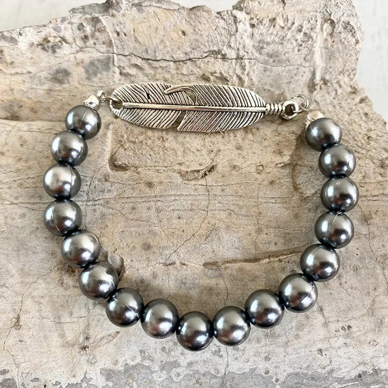 Vintage Metal Feather Bracelet Western Plastic Pearls Beads