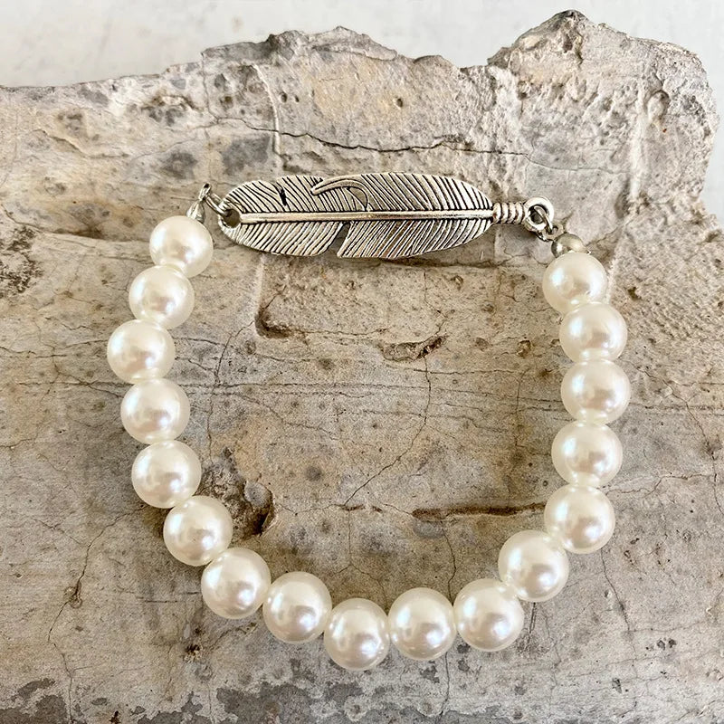 Vintage Metal Feather Bracelet Western Plastic Pearls Beads