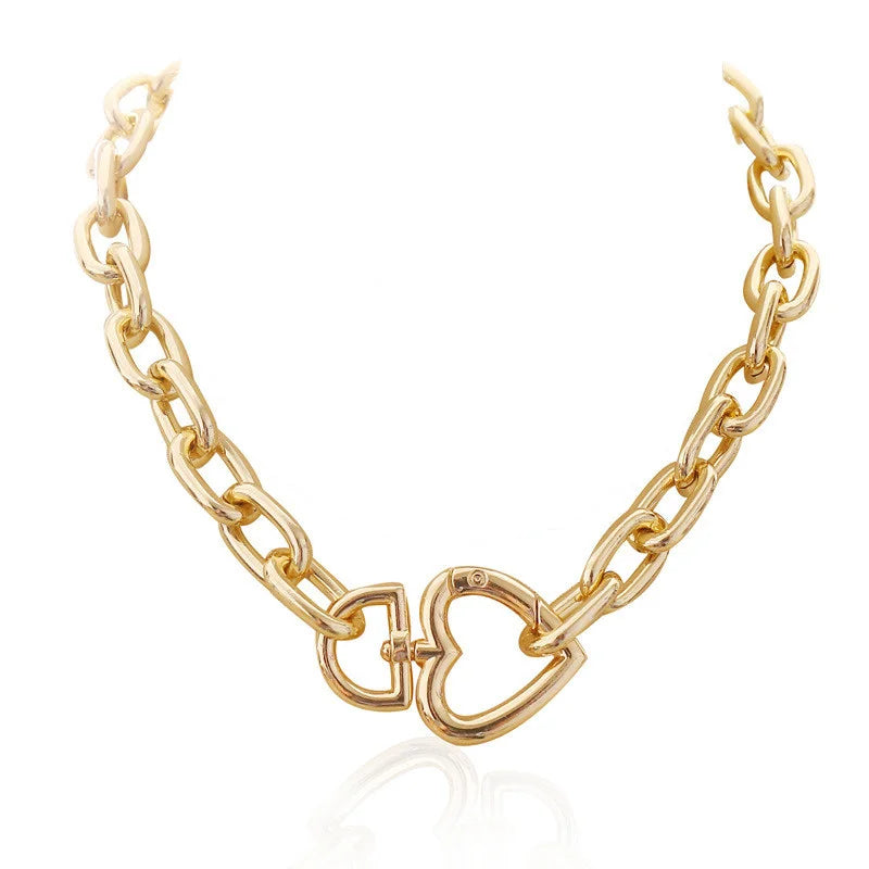 Heart Lock Choker Necklace Cuban Chain Love Bijoux Clavicle Vintage Jewelry