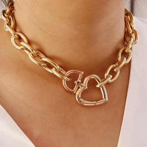 Heart Lock Choker Necklace Cuban Chain Love Bijoux Clavicle Vintage Jewelry