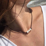 3 Beads Freshwater Pearl Choker Necklace on Leather Cord for Women