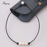 3 Beads Freshwater Pearl Choker Necklace on Leather Cord for Women