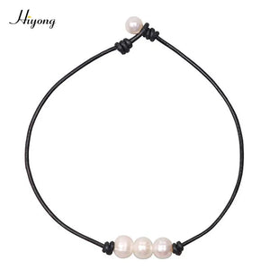 3 Beads Freshwater Pearl Choker Necklace on Leather Cord for Women