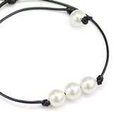 3 Beads Freshwater Pearl Choker Necklace on Leather Cord for Women