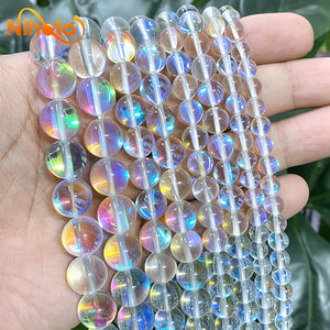 Austria Crystal Glitter Moon Stone Round Beads 15" Strand