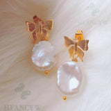Baroque Pearl Earring 18k Butterfly Ear Stud Dangle Gift