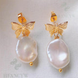 Baroque Pearl Earring 18k Butterfly Ear Stud Dangle Gift