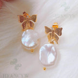 Baroque Pearl Earring 18k Butterfly Ear Stud Dangle Gift
