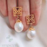 Baroque Pearl Earring 18k Square Ear Stud Wedding Cultured Natural Gift