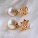 Baroque Pearl Earring 18k Square Ear Stud Wedding Cultured Natural Gift