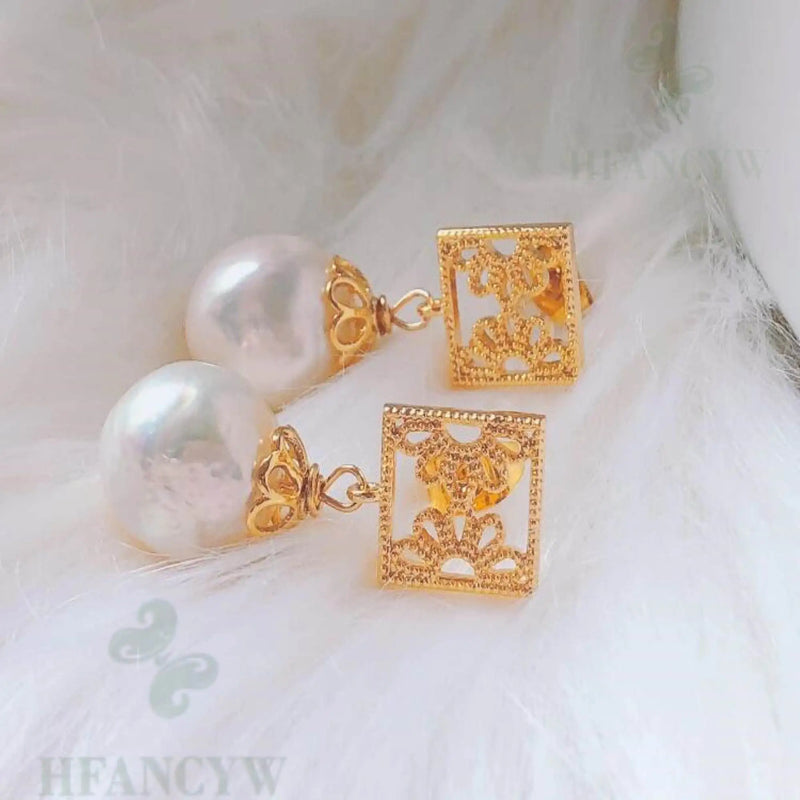 Baroque Pearl Earring 18k Square Ear Stud Wedding Cultured Natural Gift