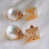 Baroque Pearl Earring 18k Square Ear Stud Wedding Cultured Natural Gift