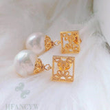Baroque Pearl Earring 18k Square Ear Stud Wedding Cultured Natural Gift