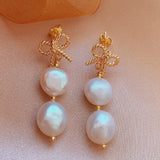 Baroque Pearl Earrings Red coral 18K Hook Gift Cultured