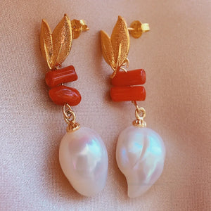 Baroque Pearl Red Coral Earrings 18KGB Holiday Gift Cultured Party Hook Women
