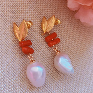 Baroque Pearl Red Coral Earrings 18KGB Holiday Gift Cultured Party Hook Women