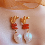 Baroque Pearl Red Coral Earrings 18KGB Holiday Gift Cultured Party Hook Women
