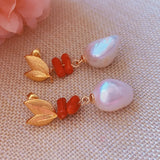 Baroque Pearl Red Coral Earrings 18KGB Holiday Gift Cultured Party Hook Women