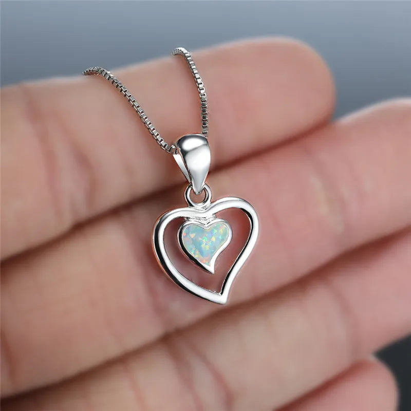Fire Opal Heart Pendant Necklace 925 Silver Birthstone Gift